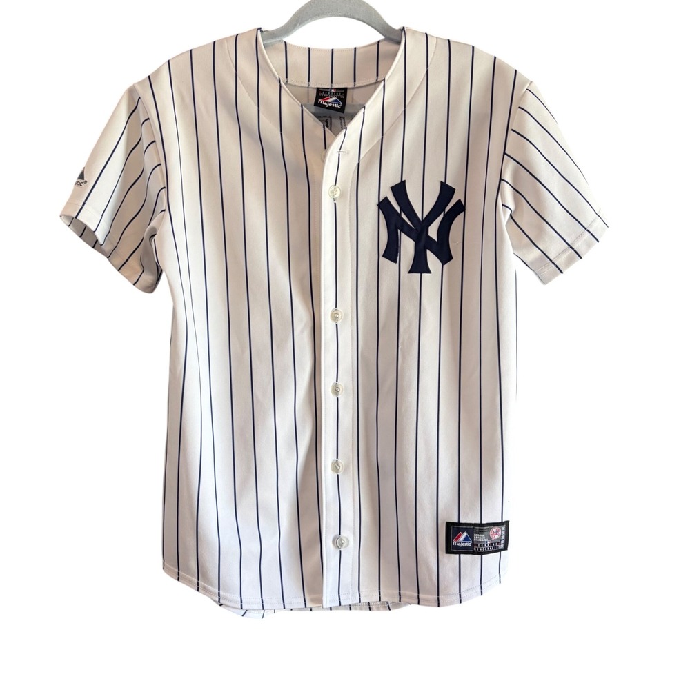 Majestic New York Yankees Mark Teixeira 25 Pinstripe Baseball Jersey Mens LG EUC